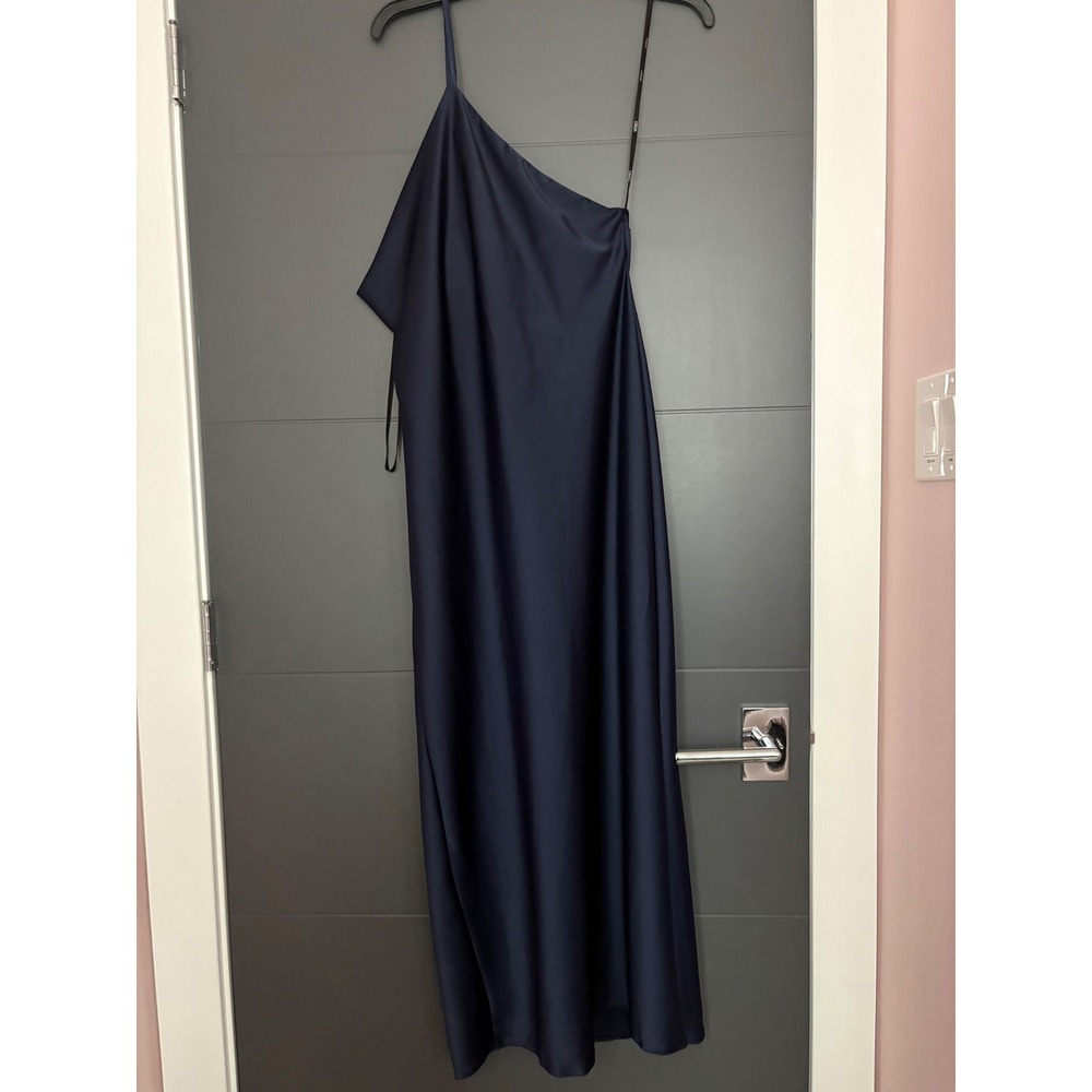 ASOS Navy Blue Satin One Shoulder Midi Dress Cowl Neck High Slit Size US 8 - Picture 6 of 7